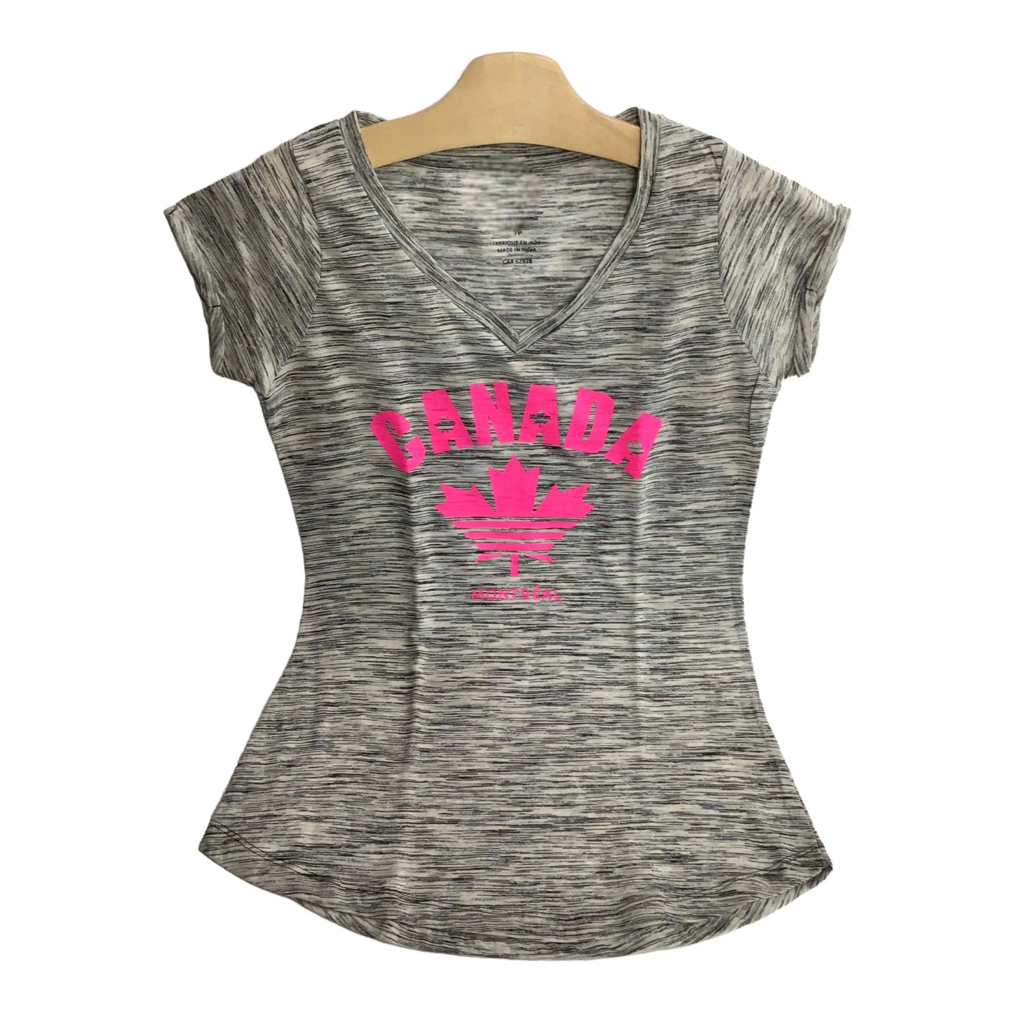 Pink Maple Leaf Canada Women V-Neck T-shirt on Mixed Charcoal Background Shirt