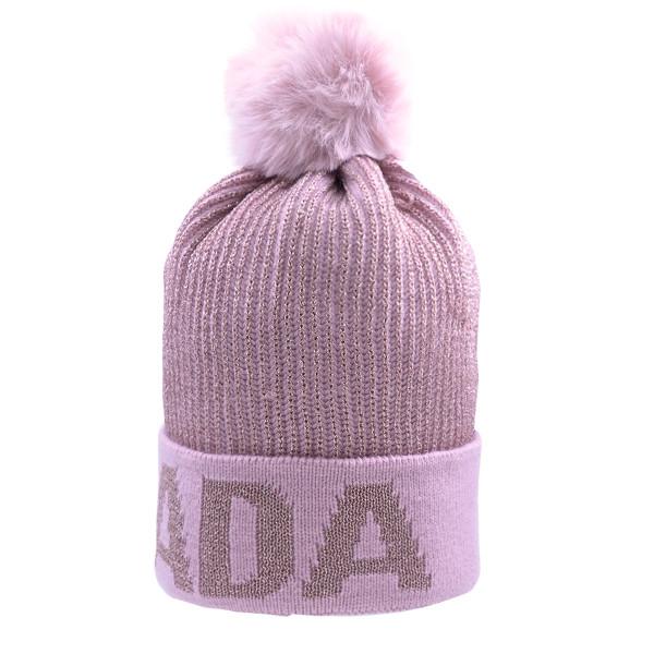 Pink Metallic Knit Canada Pom Toque