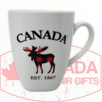 Plaid Moose Animal Coffee Mug - Canada Ceramic White Tea Cup, 10 oz.