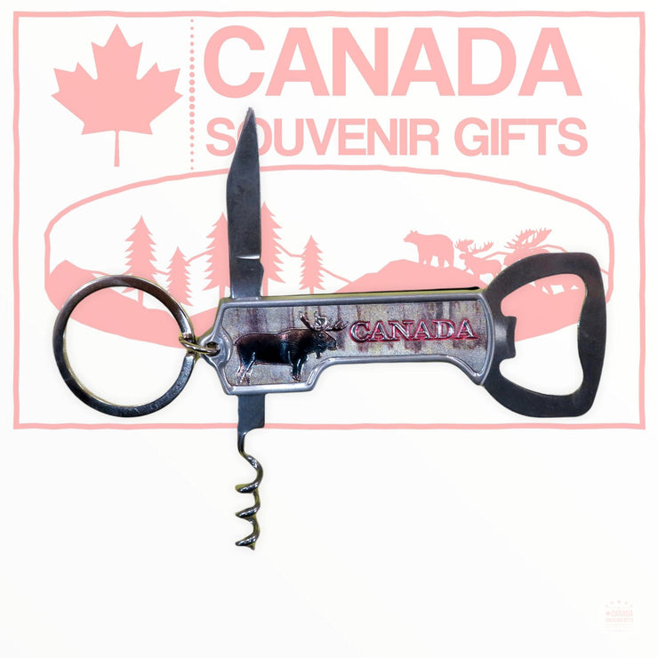Pocket Knife - Canada Moose Themed Keychain - Bottle & Wine Opener Souvenir