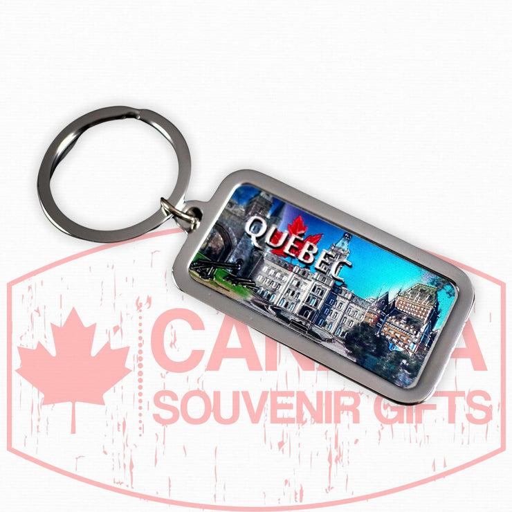 Quebec City View Keychain - Canada Landmark Vintage Key Chain - Stainless Metal W/ Foil Themed