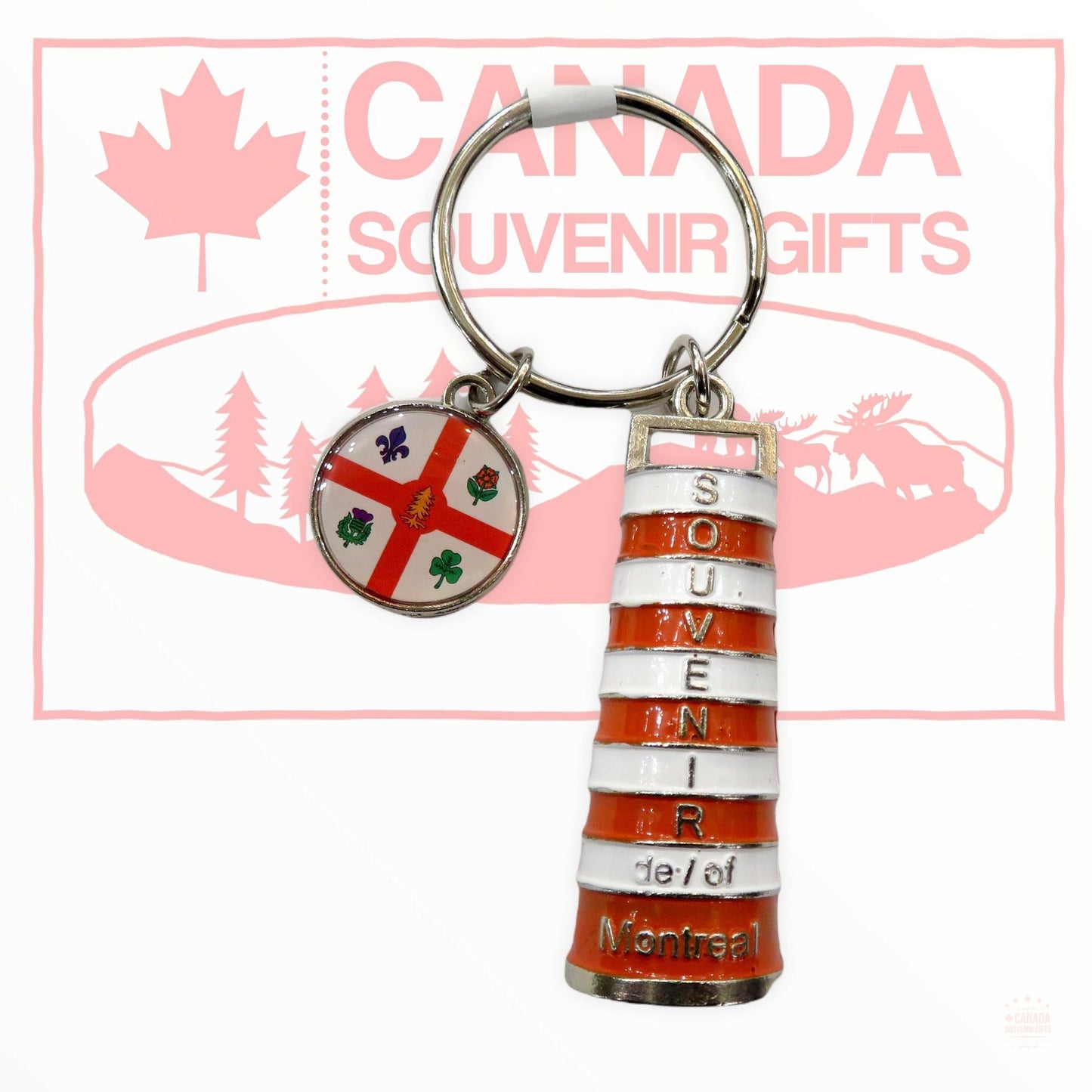 Quebec Road Construction Pole Sign Keychain with Montreal Flag