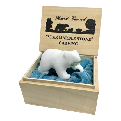 Star Marble Carvings - Marble Bear 3" with Jade FIsh Gift Boxed