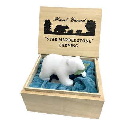 Star Marble Carvings - Marble Bear 3" with Jade FIsh Gift Boxed