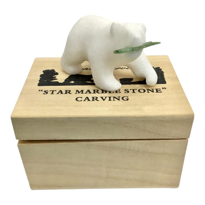 Star Marble Carvings - Marble Bear 3" with Jade FIsh Gift Boxed