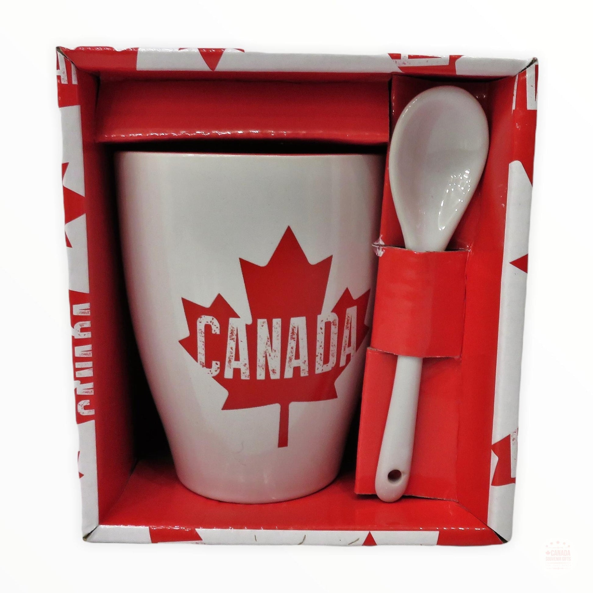 Tea Coffee Cup Canada Maple Leaf Red & White Ceramic Coffee Mug w/ Spoon Gift Pack