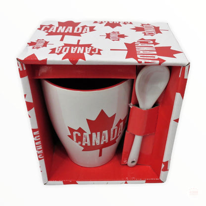 Tea Coffee Cup Canada Maple Leaf Red & White Ceramic Coffee Mug w/ Spoon Gift Pack