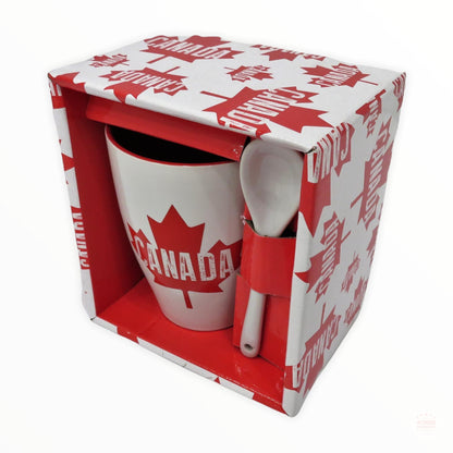 Tea Coffee Cup Canada Maple Leaf Red & White Ceramic Coffee Mug w/ Spoon Gift Pack