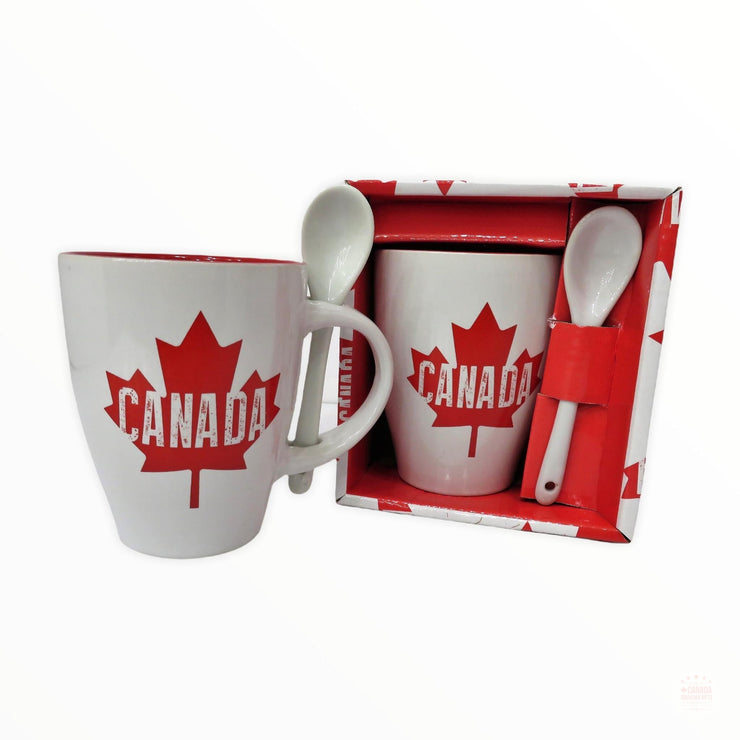 Tea Coffee Cup Canada Maple Leaf Red & White Ceramic Coffee Mug w/ Spoon Gift Pack