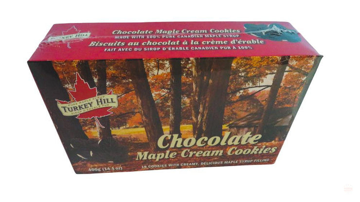 Turkey Hill's Chocolate Maple Cream Cookies (400g) are made in Canada.