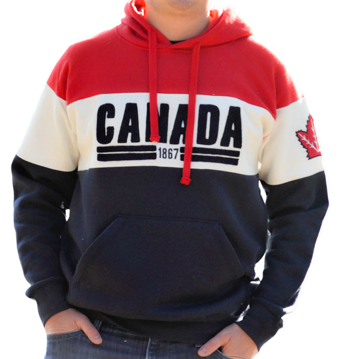 Unisex Canada Three Tone Hoodie - Tommy Style White Red & Navy Pullover Hoodie