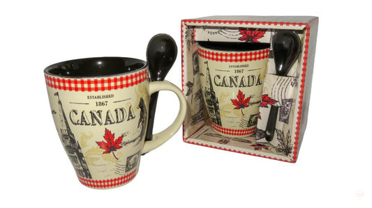 Vintage Canada Est. 1867 Maple Leaf Coffee Mug | Canadian Ceramic Coffee Cup | Tea Cup with Spoon Gift Pack Cider, Hot Chocolate, Tea Coffee Cup
