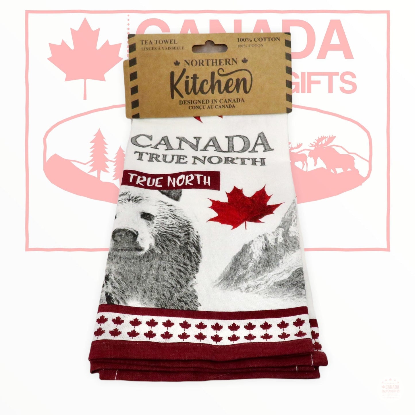 torchon vintage Canada True North - Thème ours et feuille d’érable conçu au Canada