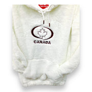 WOMEN CREAM OFF-WHITE FAUX FUR HOODIE - CANADA MAPLE LEAF EMBROIDERY FRONT THEMED SWEATSHIRT