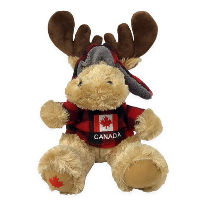 Stuffed Animal Plush Canada Moose 10” with Buffalo Plaid Top and Hat - Canada Fag Embroidery