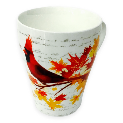 Canadian Northern Cardinal Mug with multi-color maple leaves tea cup and matching box