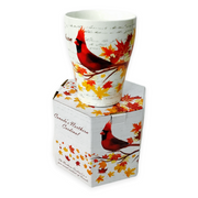 Canadian Northern Cardinal Mug with multi-color maple leaves tea cup and matching box