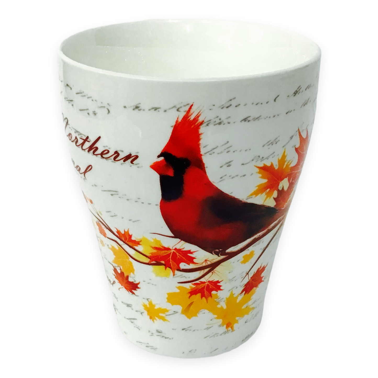 Canadian Northern Cardinal Mug with multi-color maple leaves tea cup and matching box