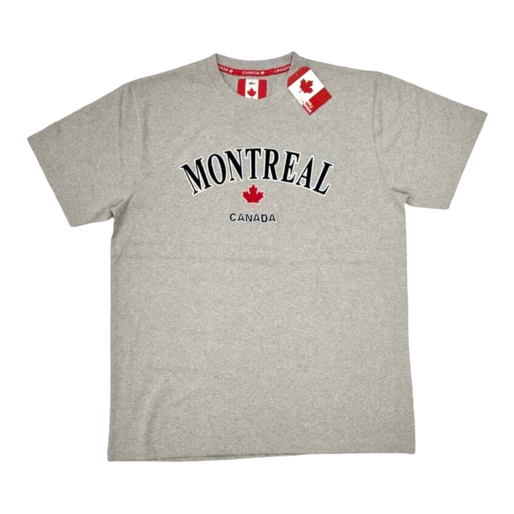 Montréal Embroidery with Red Maple Leaf Adult Unisex T-Shirt  Light Grey
