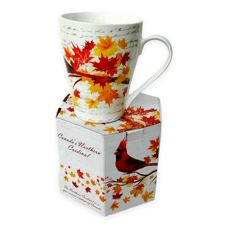 Canadian Northern Cardinal Mug with multi-color maple leaves tea cup and matching box