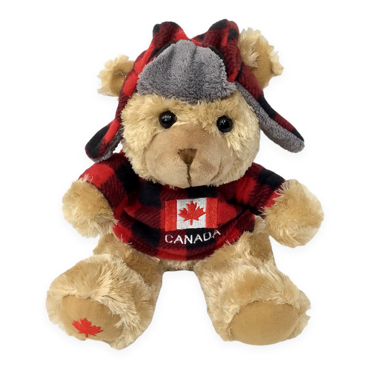 Stuffed Animal Plush Canada Bear 10” with Buffalo Plaid Top and Hat - Canada Fag Embroidery