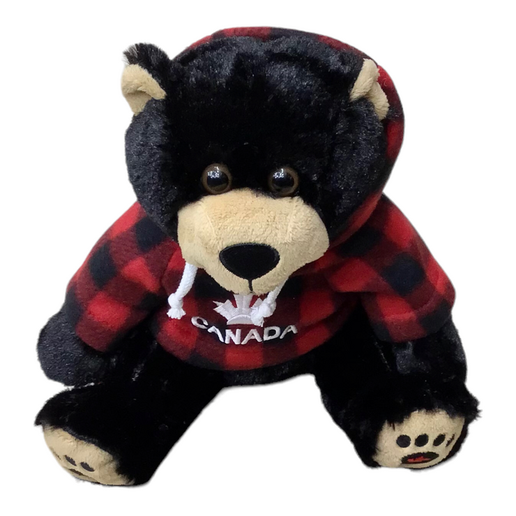 Plaid Jacket 14” Sitting Black Bear Stuffed Animal Plush Toy W/ Canada Maple Leaf Embroidery