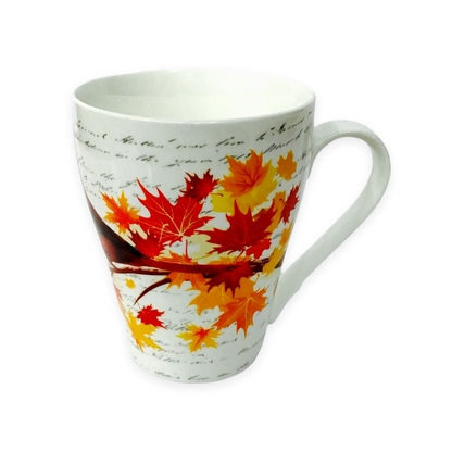 Canadian Northern Cardinal Mug with multi-color maple leaves tea cup and matching box