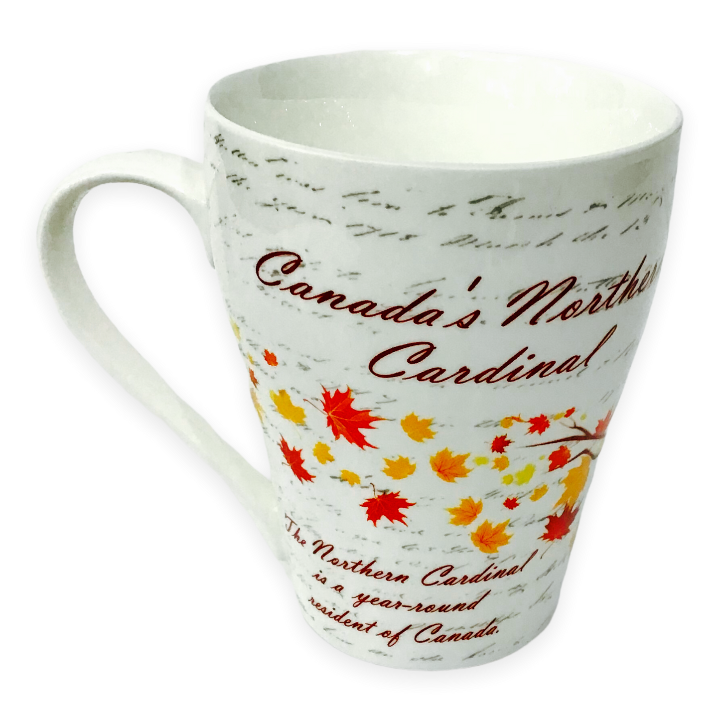 Canadian Northern Cardinal Mug with multi-color maple leaves tea cup and matching box