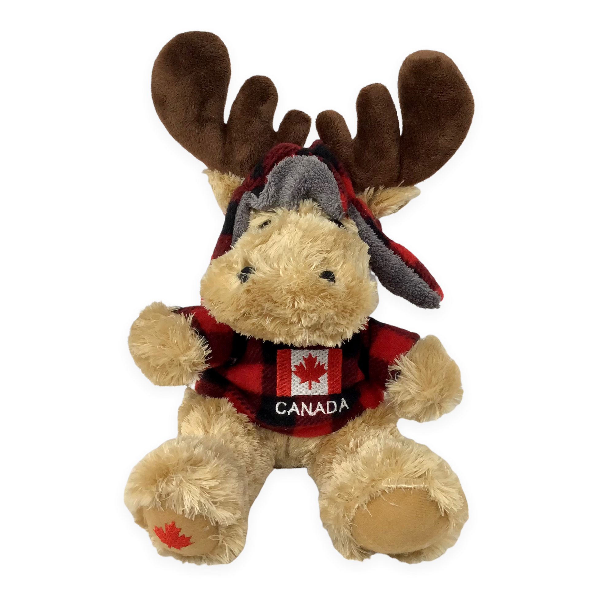 Stuffed Animal Plush Canada Moose 10” with Buffalo Plaid Top and Hat - Canada Fag Embroidery