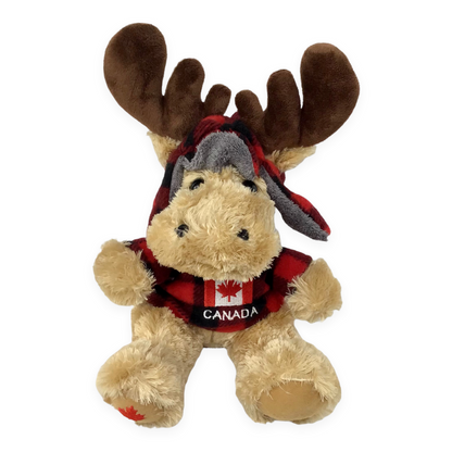 Stuffed Animal Plush Canada Moose 10” with Buffalo Plaid Top and Hat - Canada Fag Embroidery